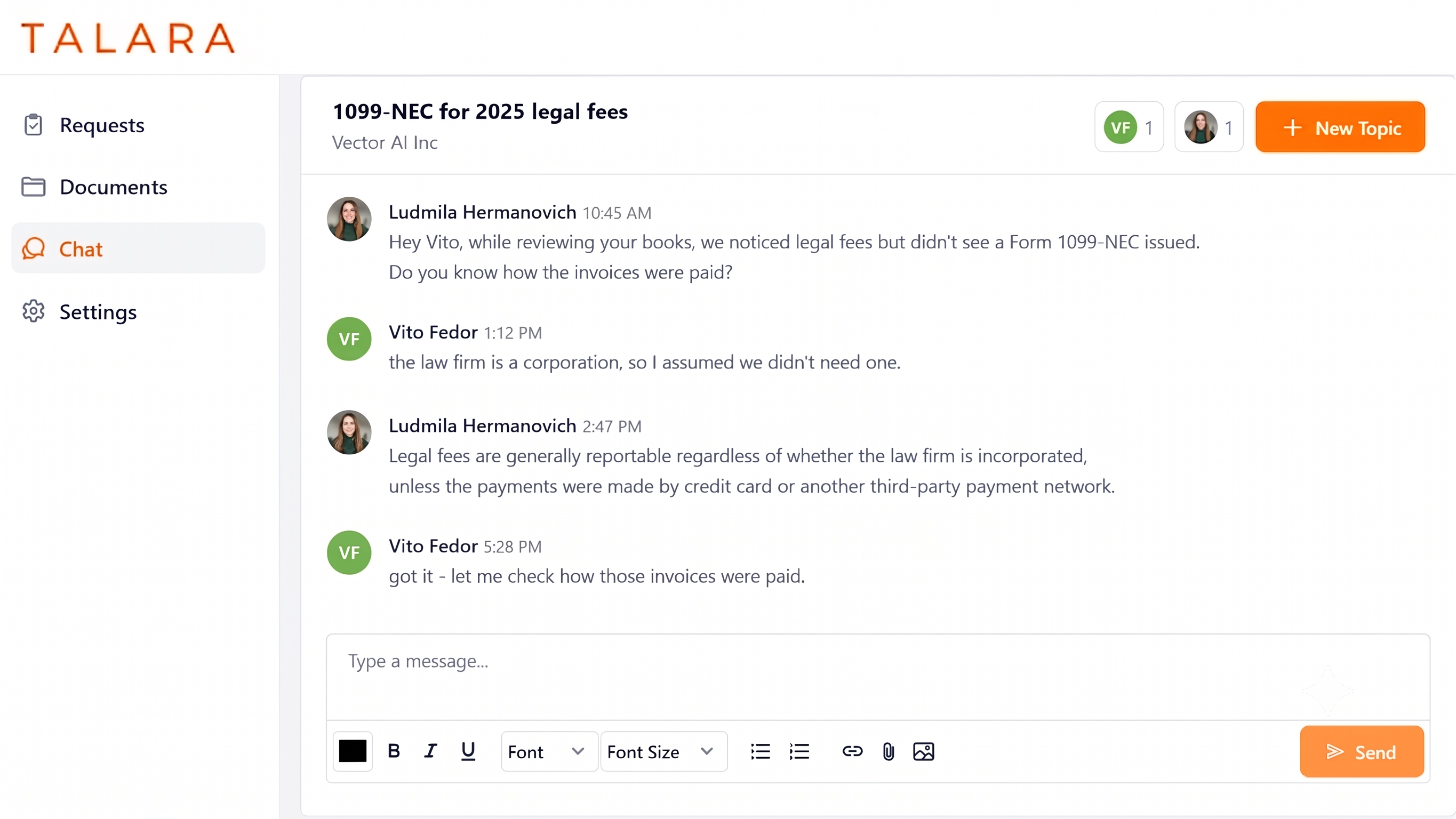 Talara client portal — a chat thread where an advisor and a founder work through a 1099-NEC question in plain language.