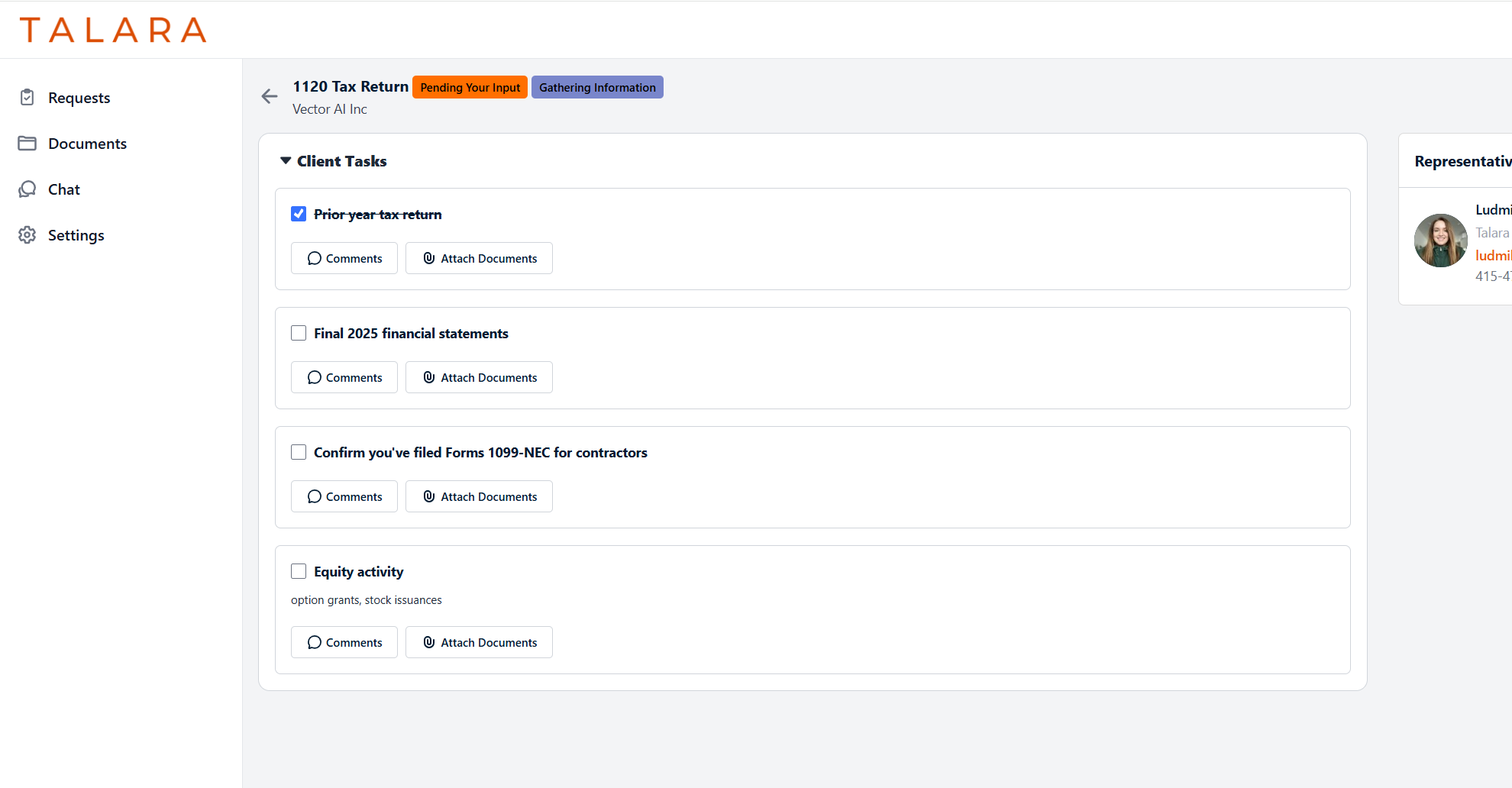 Talara client portal — a tax return request with a checklist of client tasks, each showing a clear status, and the assigned Talara representative alongside.